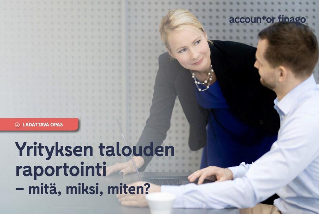 yrityksen talouden raportointi opas. kuvassa mies ja nainen katsovat toisiaan